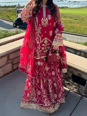 MNR Red Formal Gharara with Dupatta